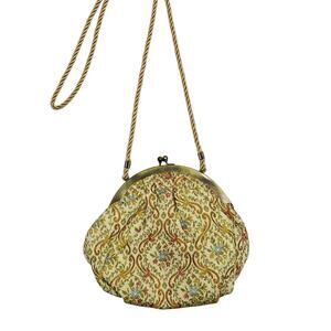 1970s Vintage Embroidered Tapestry Clutch Crossbody Bag with Gold Rope Strap